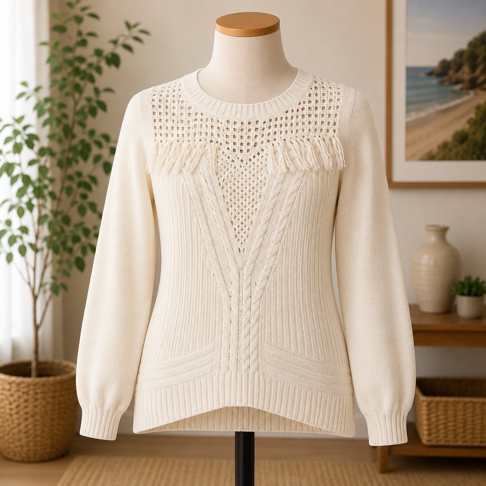 NWOT‎ Chaser Fringe Crochet Cable Knit Sweater Medium Cream Long Sleeve Boho